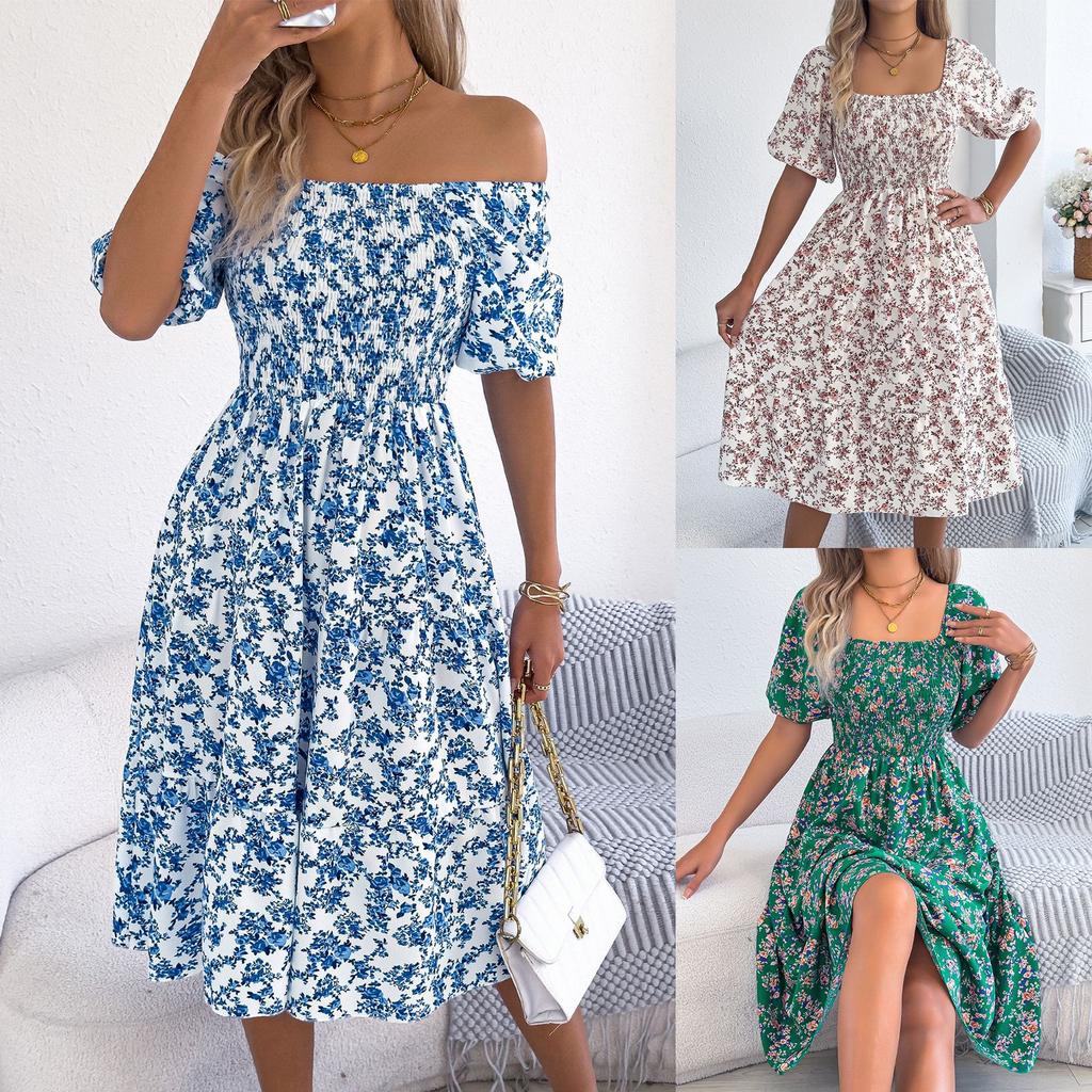 Abito midi da donna con scollo quadrato, maniche corte a sbuffo, smock in vita alta, a balze, con stampa floreale piccola, linea ad A