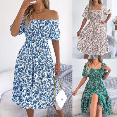 Women's Square Neck Puff Short Sleeve Smocked High Waist Tiered Midi Dress Ditsy Floral A Line Dress
