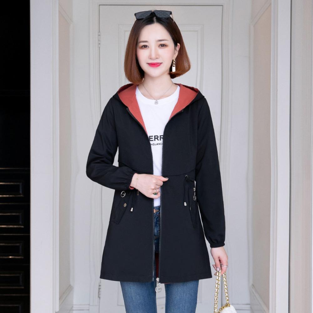Fashion Double-Sided Wear Trench Coat Women's Mid-Longth Spring Autumn Women's Coats Tops   Hooded Jacket  Women Top