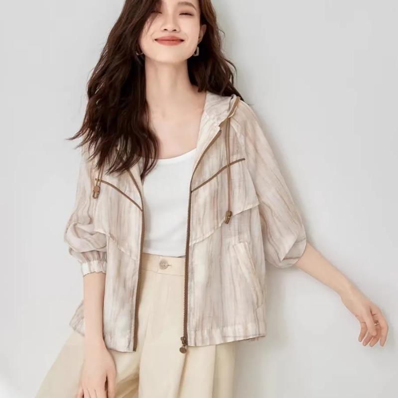 

Summer Women s Tie Dye Breathable Hooded Zip Up Casual Jacket S бежевый