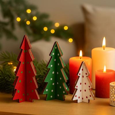 3 Pieces Christmas Decor Plaid Wooden Tabletop Trees 5.5 Inch Height 3D Holiday Home Decorations Set Festive Ornaments