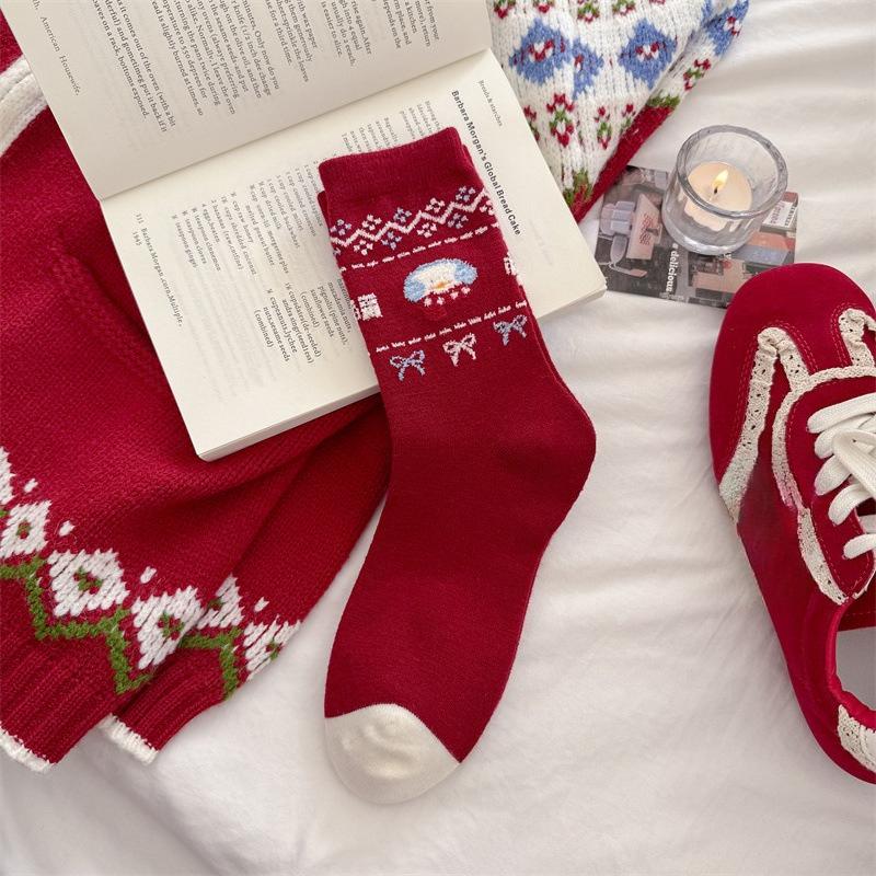 Woolen Socks for Women, Thick and Warm Mid-calf Socks for Autumn and Winter, Little Snowman Cartoon Versatile Long Socks