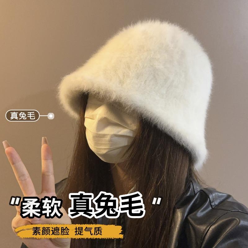 Rabbit Fur Hat Female Winter Big Head Circumference Bucket Hat Showing Face Small Plush Hat Warm Fluffy Bucket Hat