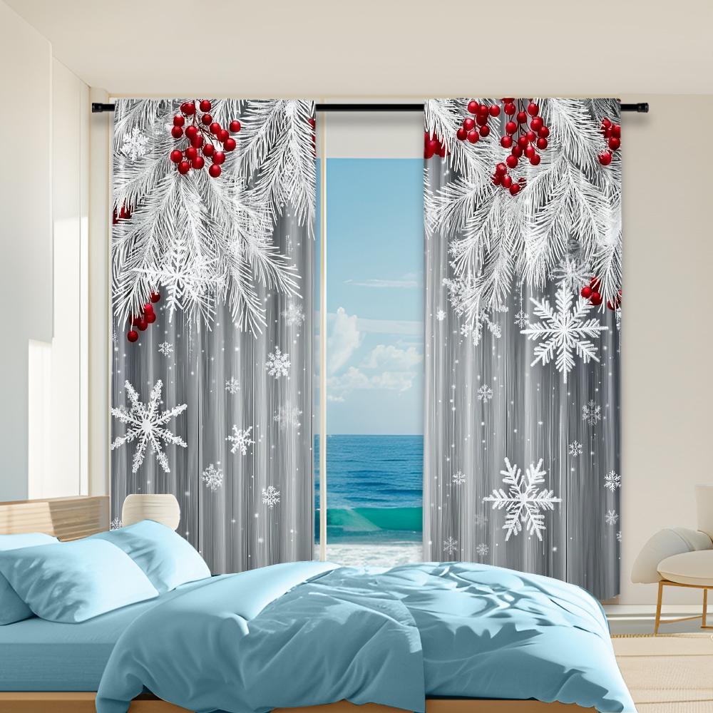

2Pcs Christmas Snowflake And Red Berry Print Polyester Material Window Curtains Rod Pocket Design For Easy Hanging Perfect For 29x65in(75x166cm)