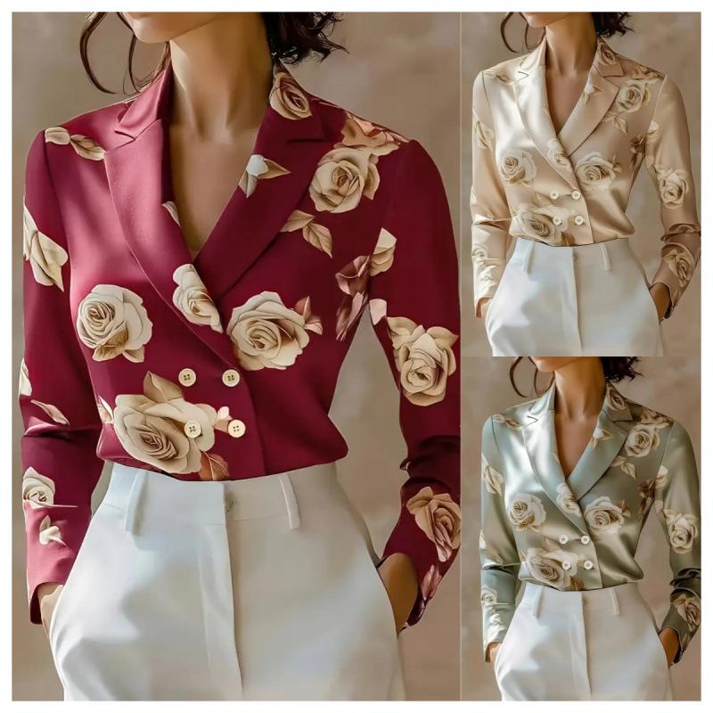 New Fashion Floral Print Double Breasted Long Sleeve Shirt Women's Fashion Casual Autumn