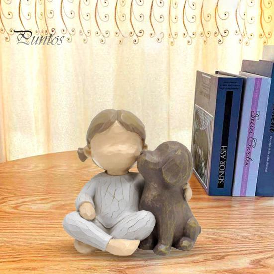 Girl Dog Resin Figurine Kids Puppy Statue Sculpture Home Desk Office Desktop Decoration Ornament Christmas Lovers Memorial Gift