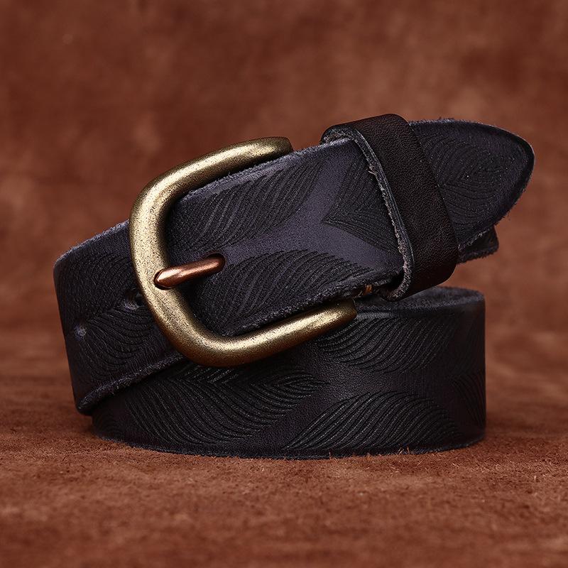 3.8Cm Wide Washed Retro Personalized Embossed Vegetable Tanned Belt Men'S Genuine Leather First Layer Cowhide Pin Buckle Belt Men'S Trendy