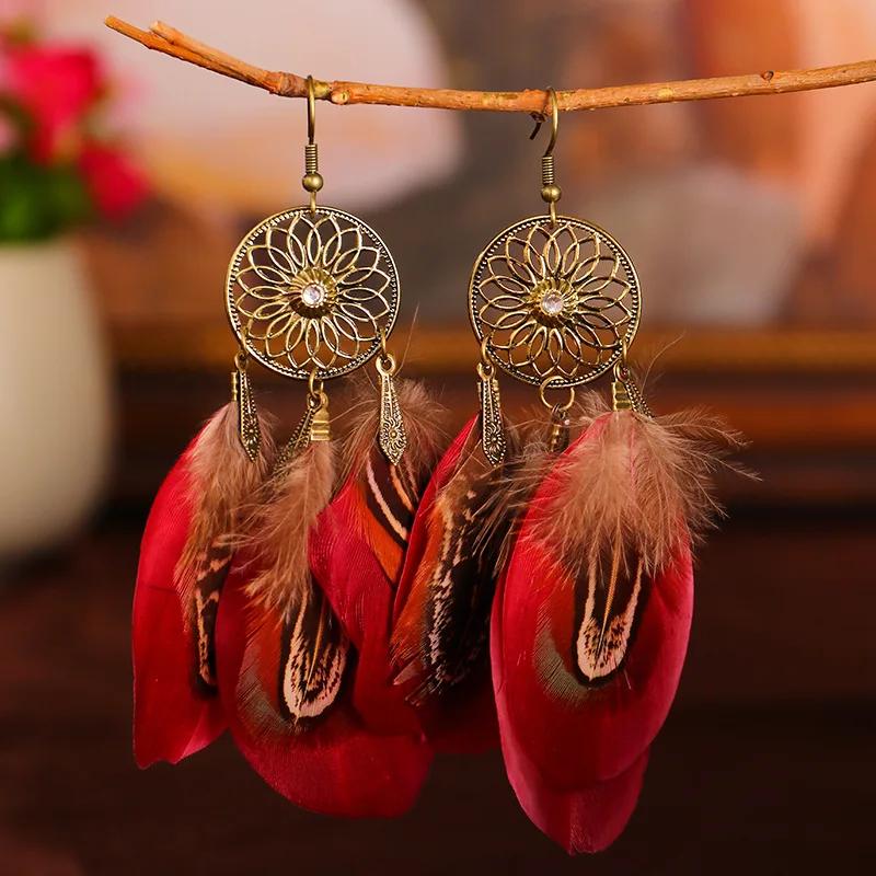 Bohemian Vintage Zircon For Women 2024 Trendy Carved Leaf Feather Tassel Long Earrings