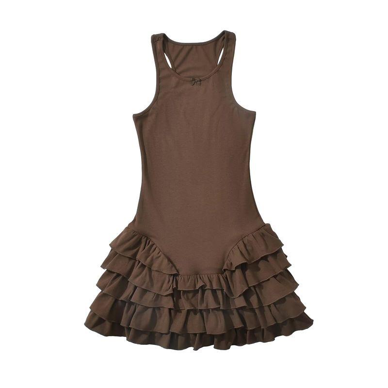 

Kaslead New Arrival Women s Clothing Fashion Style Fashion Minimalist Ruffles Lace Patchwork Sleeveless Dress Brown L