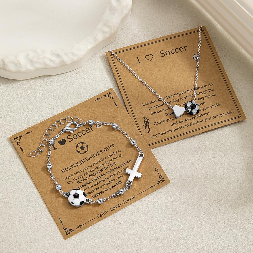 Football Love Heart Necklace & Cross Bracelet Set, Niche Designed Layered Clavicle Chain, Sporty Style Versatile Jewelry