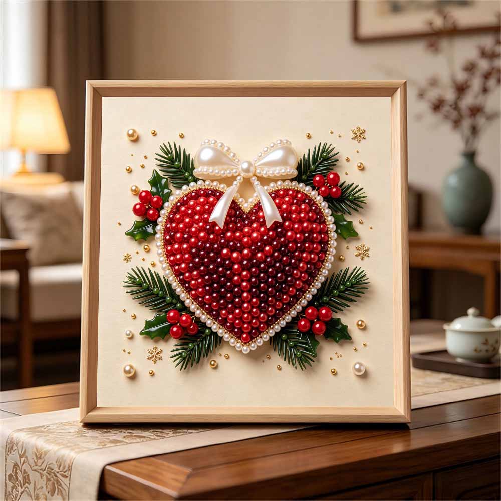 Premium Framed Pearl Art Kit with Christmas Heart Bow Pattern 5D Sparkling Bead Canvas DIY Relaxing Craft for Home Wall Decor Gift