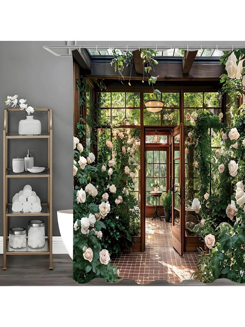 Flower Room Rosebud Flower Plant Shower Curtain, Bathroom Decorative Shower Curtain, Waterproof Shower Curtain with Hooks W90xH180cm