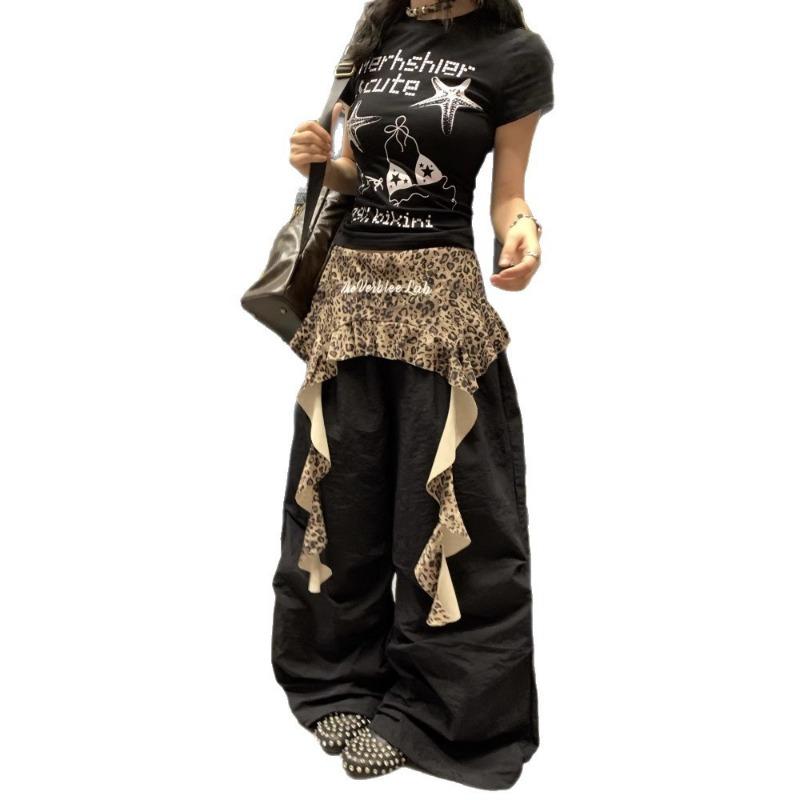 Retro Leopard Print Splicing Black Overalls Women's Summer Thin Jazz Dancing Quick-drying Sports Trousers