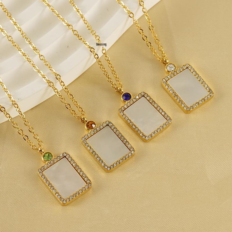 18K Titanium Steel Birthstone Pendant Necklace with Square Shell Design for Women