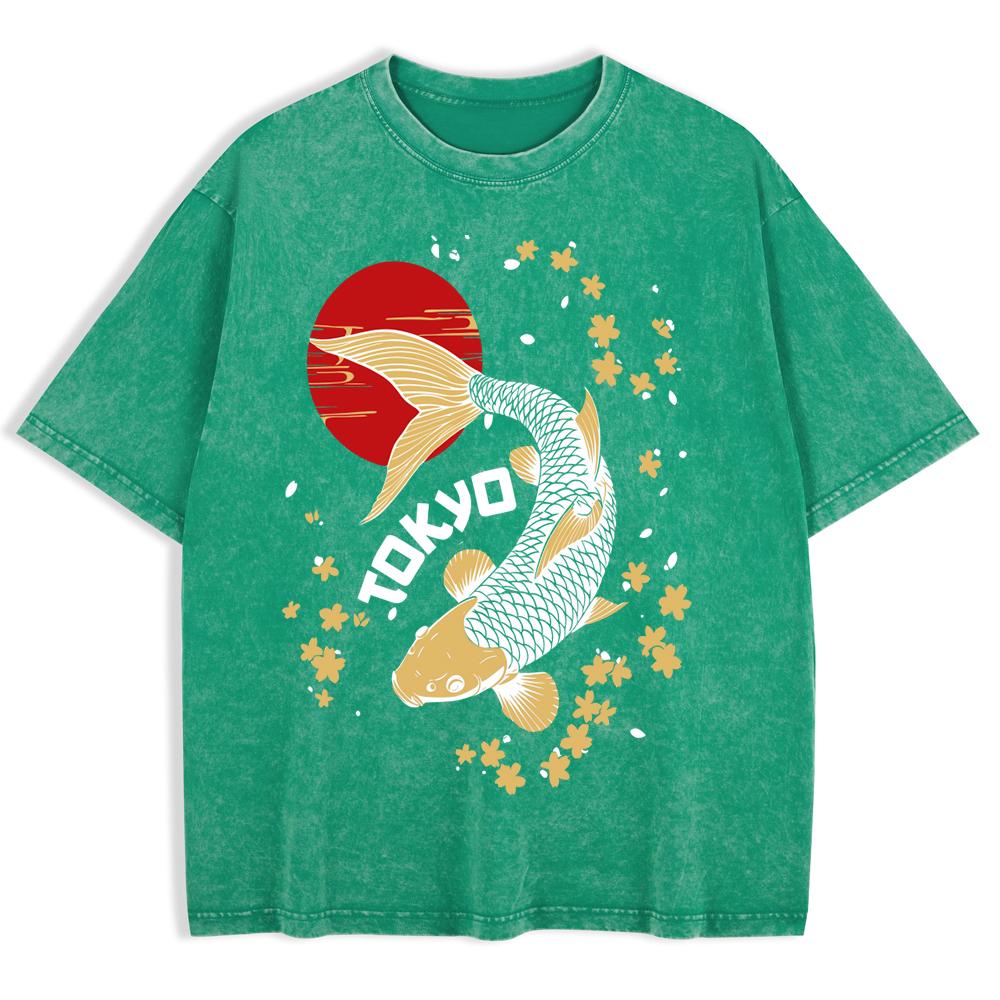 Japanese Koi Harajuku Printed Washed T-Shirts Mens Cotton Oversize T Shirt Casual O-Neck Short Sleeve Tops Summer Clothes