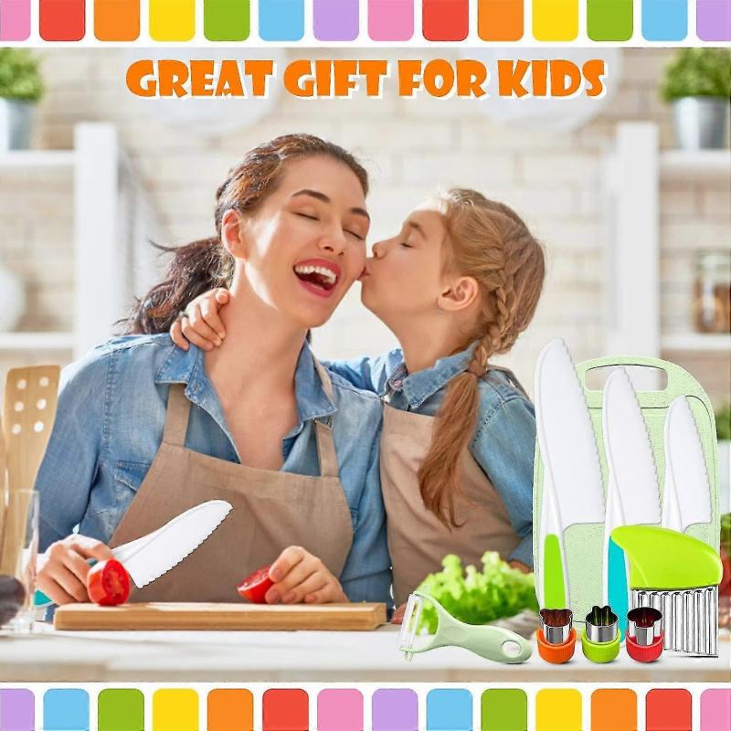 9 Pcs Kids Kitchen Knife Set, Kids Knives For Real Cooking With Cutting Board, Y Peeler, Crinkle Cutter, Sandwich Cutter, Serrated Edges Plastic Toddl