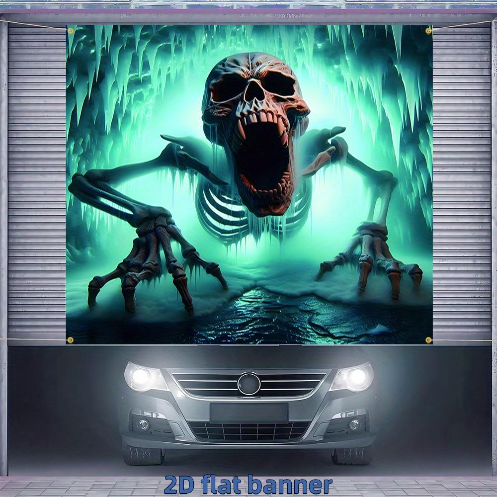 One 2D Flat Halloween Garage Door Polyester Background a Terrifying Skull with an Open Mouth Suitable for Halloween Parties