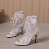 Fashion Mesh Cold Boots Women Summer Cutout Mesh Boots Jazz Dance High Heels Tied Hairband Fish Mouth Sandals Plus Size