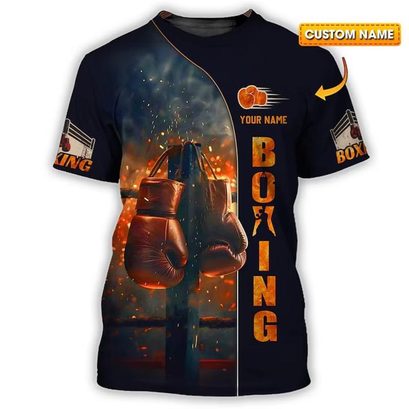 Boxing Gloves Print T-shirt Men's Clothing DIY Personality Name O Neck T Shirts Harajuku Flame Cool Streetwear 2025 Novelty Top
