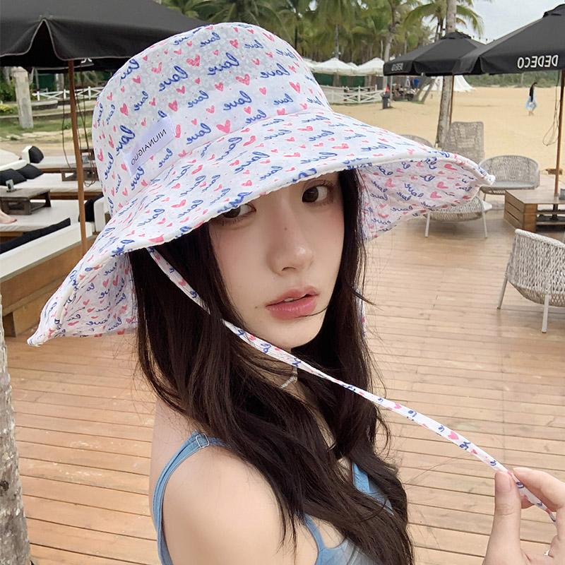 Spring and Summer Love Love Big Brim Bucket Hat Women's Seaside Vacation Travel Sunscreen Sunshade Sun Hat Basin Hat