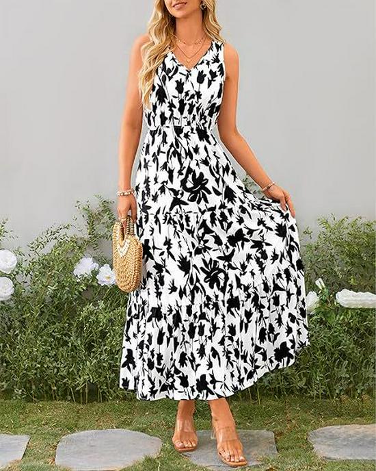 Elastic Waist Sleeveless V-Neck Print Dress - 2025 European & American Women's Fashion Bestseller