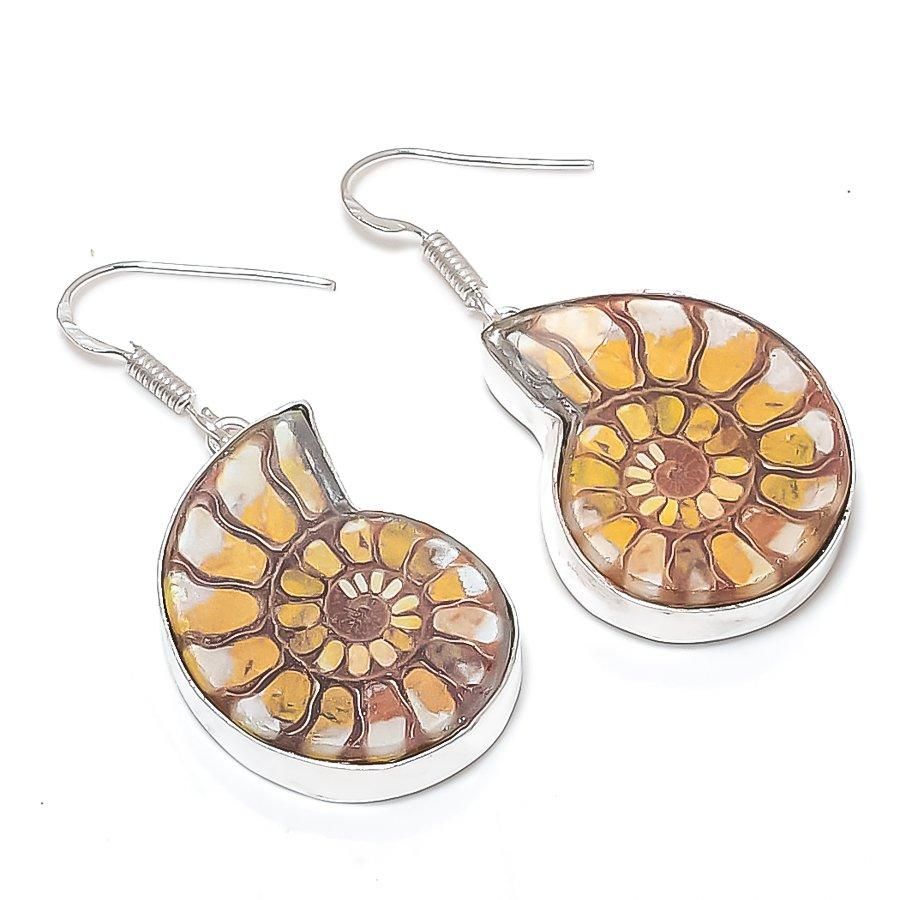 Natural Ammonite Fossil Gemstone 925 Sterling Silver Jewelry Earring 1.85" T1C81