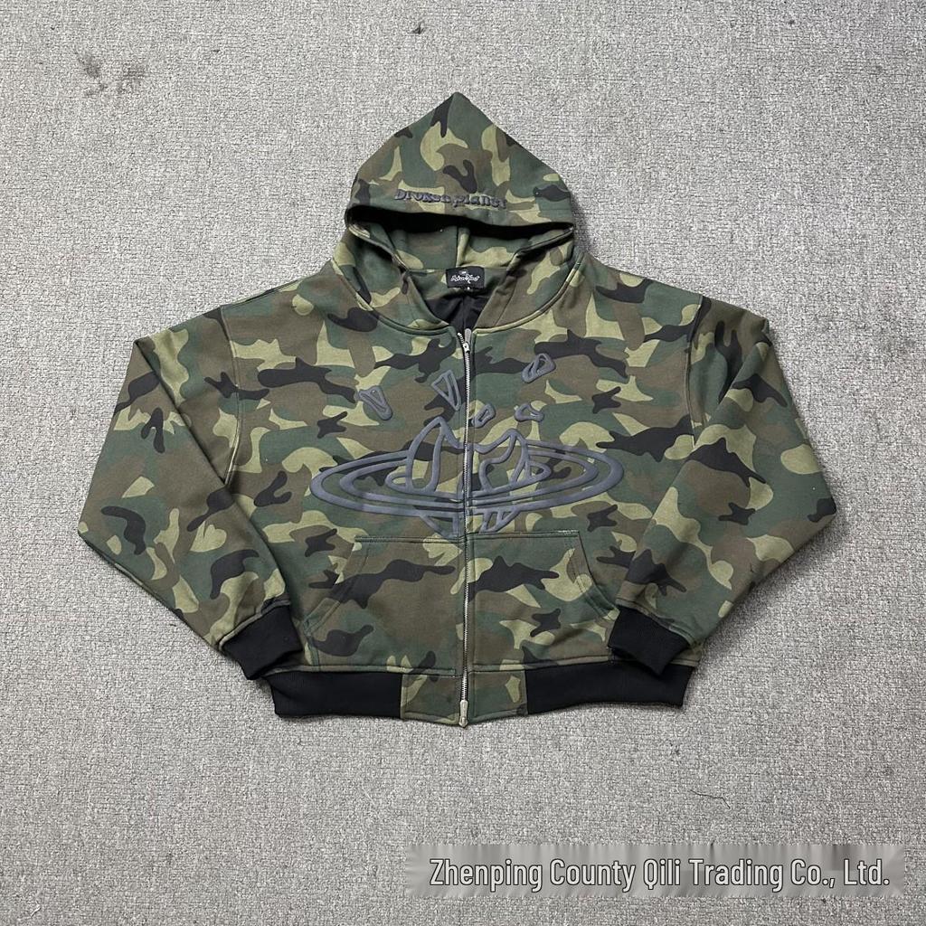 Americká trendy vícebarevná grafická dvouvrstvá kardiganová mikina