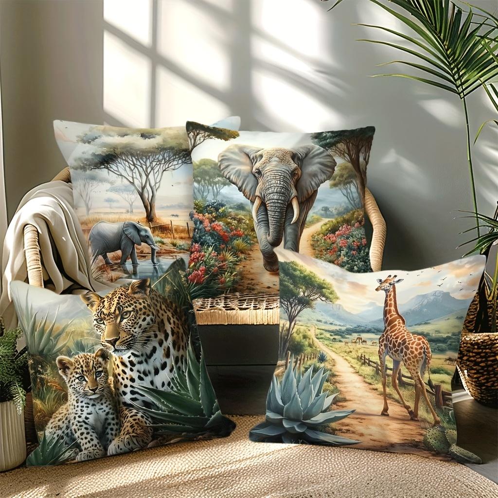 1/4pcs African Wildlife Safari Throw Pillow Covers Wild Animal Leopard Elephant Giraffe Home Decor Cushion Cover