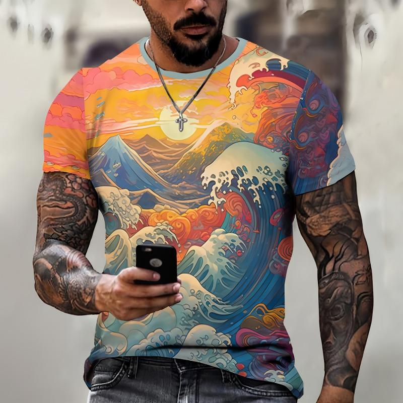 New Mens Clothing Top 3D Printed Sunset Sea View Graphic T Shirts Loose Round Neck Short Sleeved Tees Streetwear T Shirt for Men