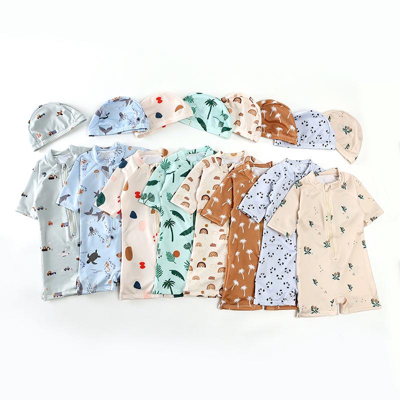 Kids' Floral One-Piece Swimsuit with Zipper and Swim Cap - Boys and Girls' Modest Design