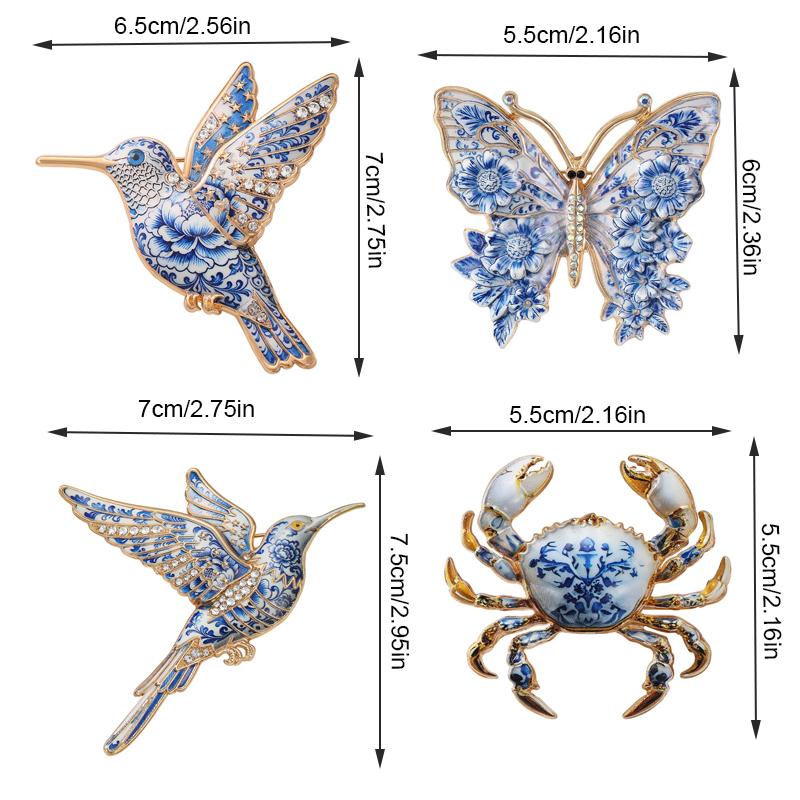 Vintage Chinese Blue White Porcelain Pattern Brooch Insect Plant Design for Collection Clothing Lapel Pin Gift