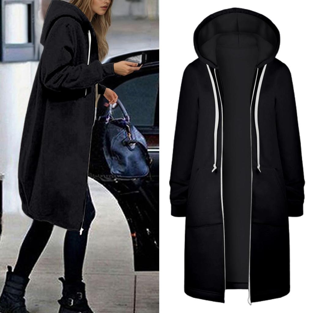 Women's Fashionable Solid Color Long Sleeved Pocket Long Hoodies Zipper Casual Coat Fall Jackets Sweatshirts Clothes