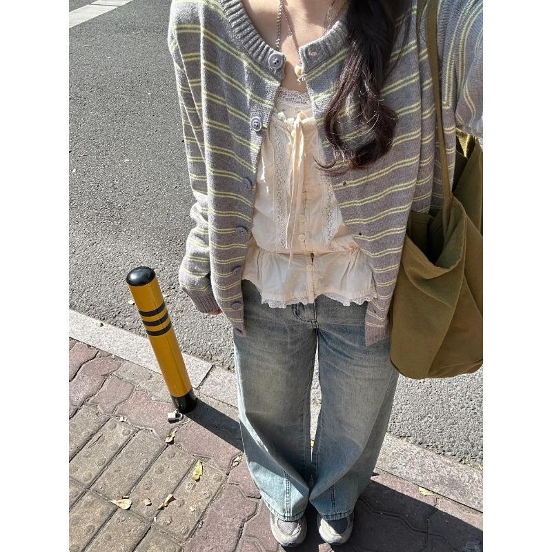 Chic design button-striped cardigan women's coat spring and autumn contrasting colors casual relaxation long-sleeved sweater top