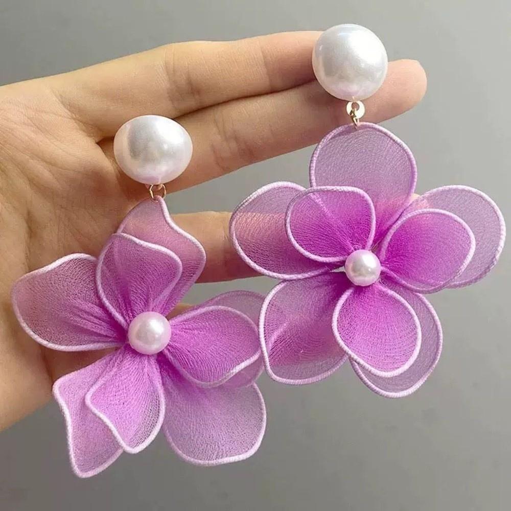 Pearl Beach Earrings Sweet Petals Stud Earrings Exquisite Mesh Flower Dangle Earrings Ladies/Girls