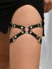 1Pc Gothic PU Leather Thigh Garter Harness, Gold O-Ring Punk Leg Body Chain For Halloween Party