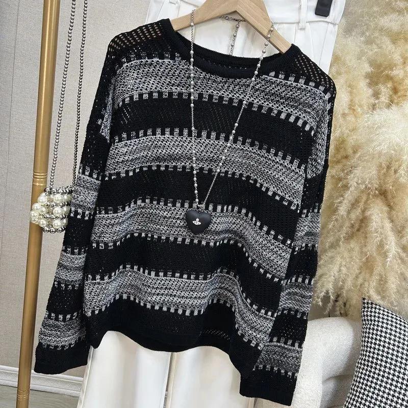 Striped Round Neck Long-sleeved Sweater Women's Autumn Off-shoulder All-match Casual Knitted Top