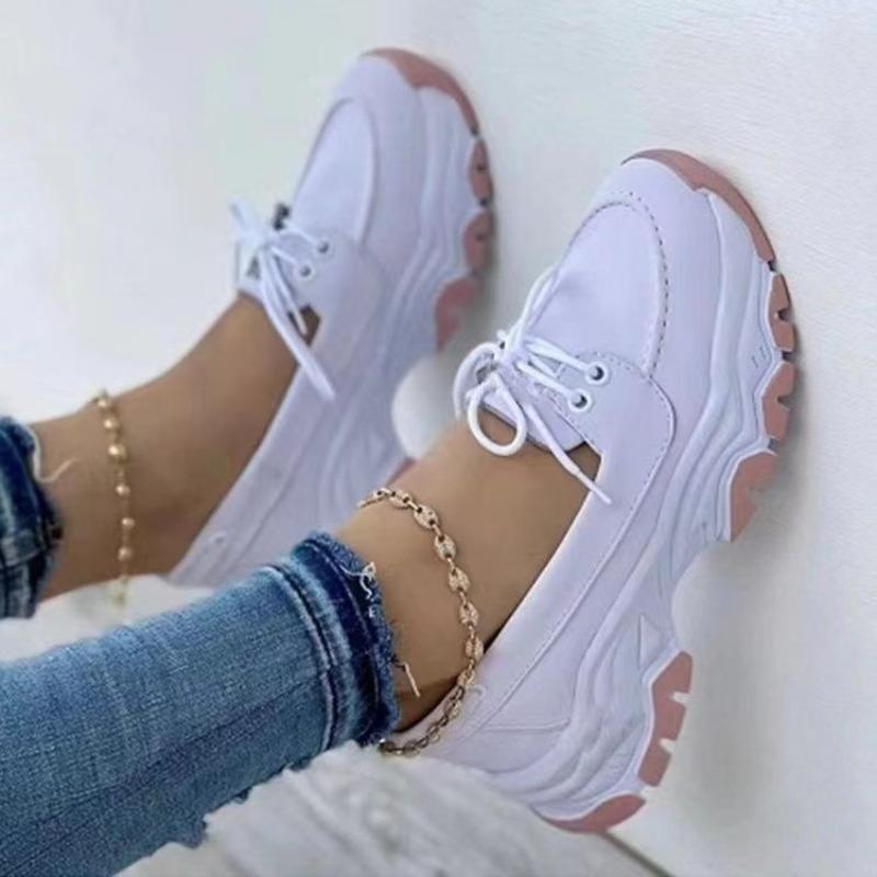 Women's Flat Lace-Up Thick-Soled Low-Top Round-Toe Casual Sports Shoes, Versatile Footwear, Available In Large Sizes.
