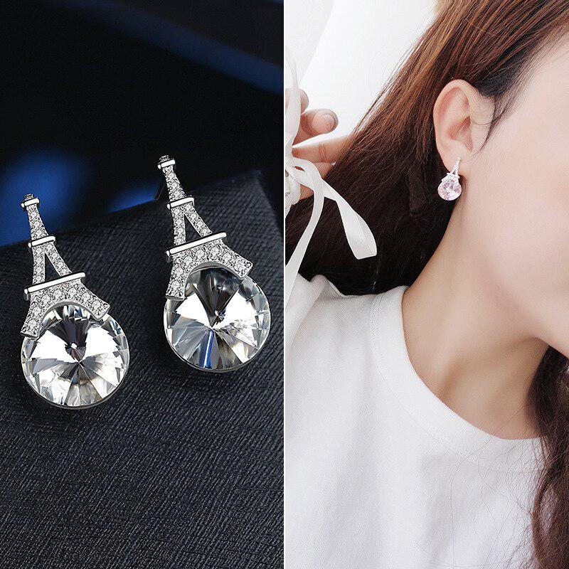 925 Sterling Silver White Pink Crystal Eiffel Tower Stud Earrings for Women Wedding Gift Female Pendientes Mujer Moda