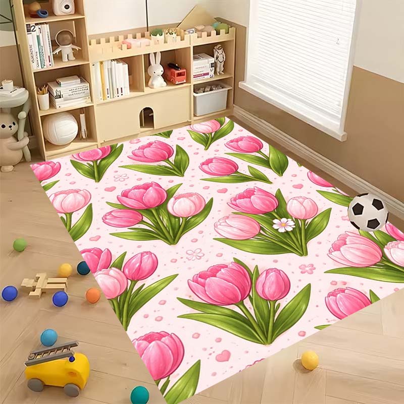 Luxurious Vintage Tulip Floral Pattern Floor Mat, Non-slip, Machine Washable, Suitable for Living Rooms, Bedrooms, and Home Déco