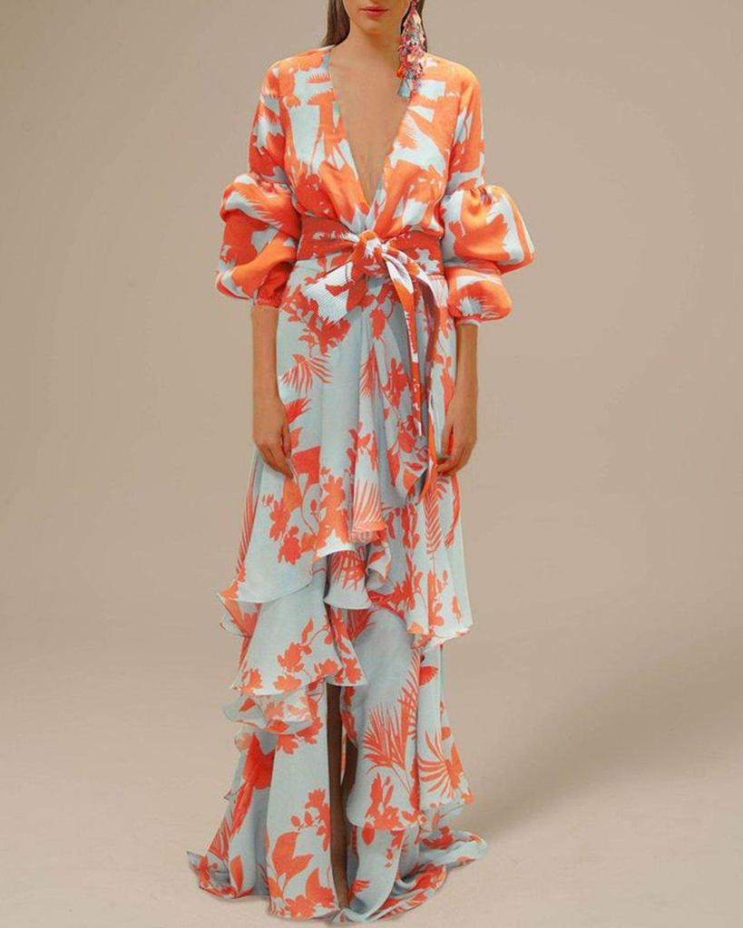 Women's European & American Chiffon Print High Waist Summer Dress - Irregular Hem, Vacation Style, Commuting Trend
