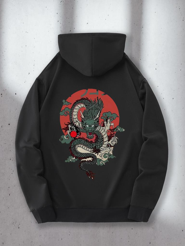 Men'S Casual Hoodie- Front And Back Geometric Dragon And Japanese Pattern Design, Kangaroo Pocket,