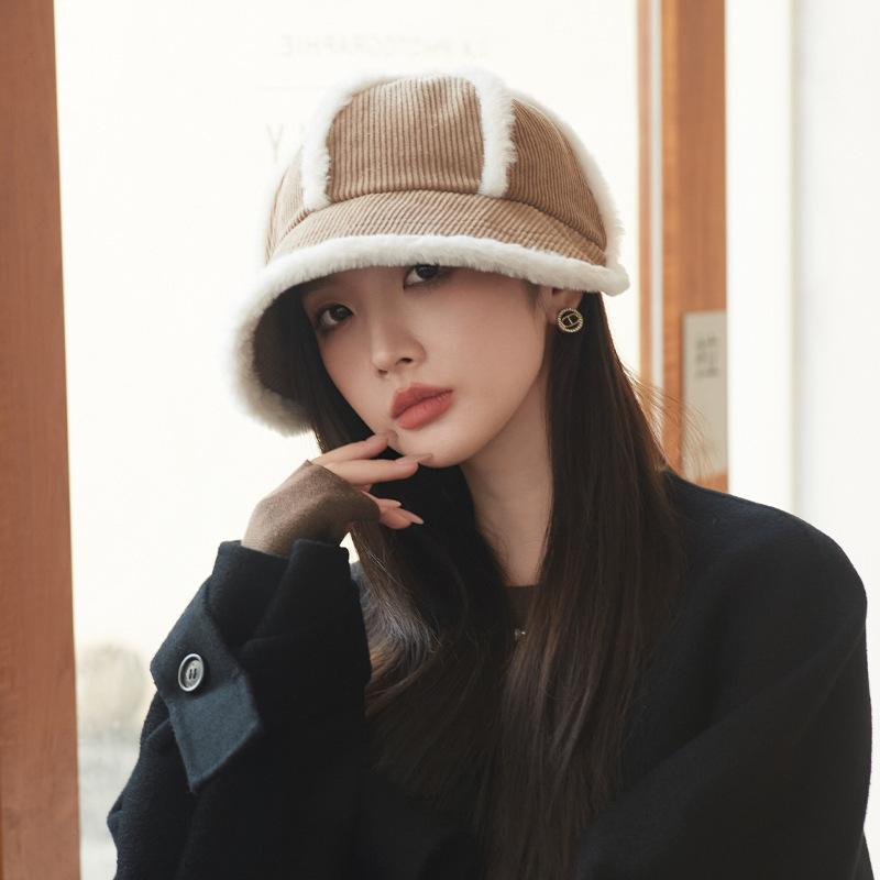 Winter Hat Women's Japanese Plush Big Head Circumference Octagonal Hat Plush Warm Face Small Cap Tide