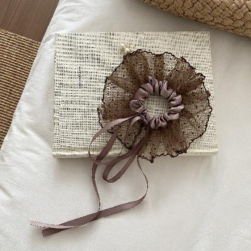 Pink Brown Color Ballet Mesh Polka Dot Satin Bow Ribbon Scrunchie for Women Pretty Hair Tie Headwrap Cute Hair Accessory