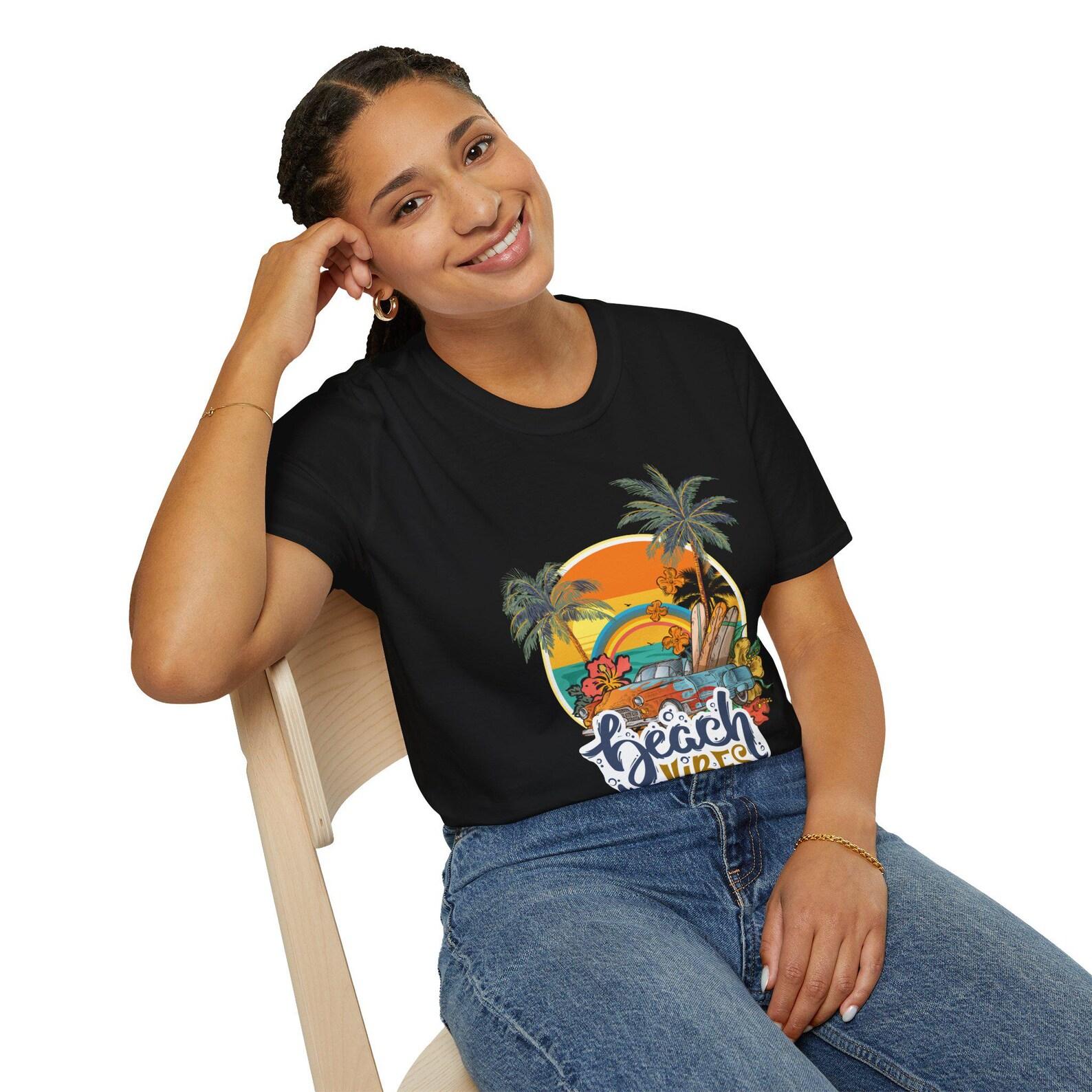 Beach Vibes Sunset Beach T-Shirt | Palm Trees, Surfboard, Rainbow L