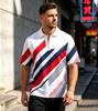 Trendy geometric striped short-sleeve polo, casual daily top.