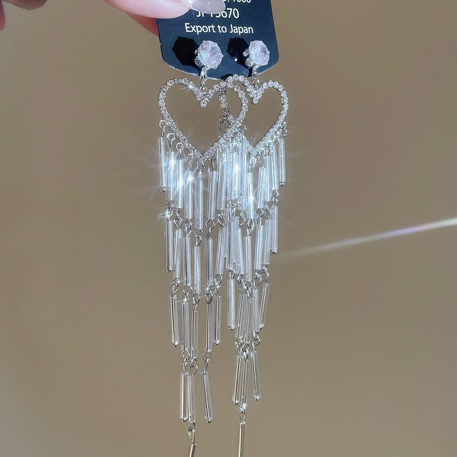 Diamond Inlaid Tassel Earrings - Silver Needle, High-End Court Style
