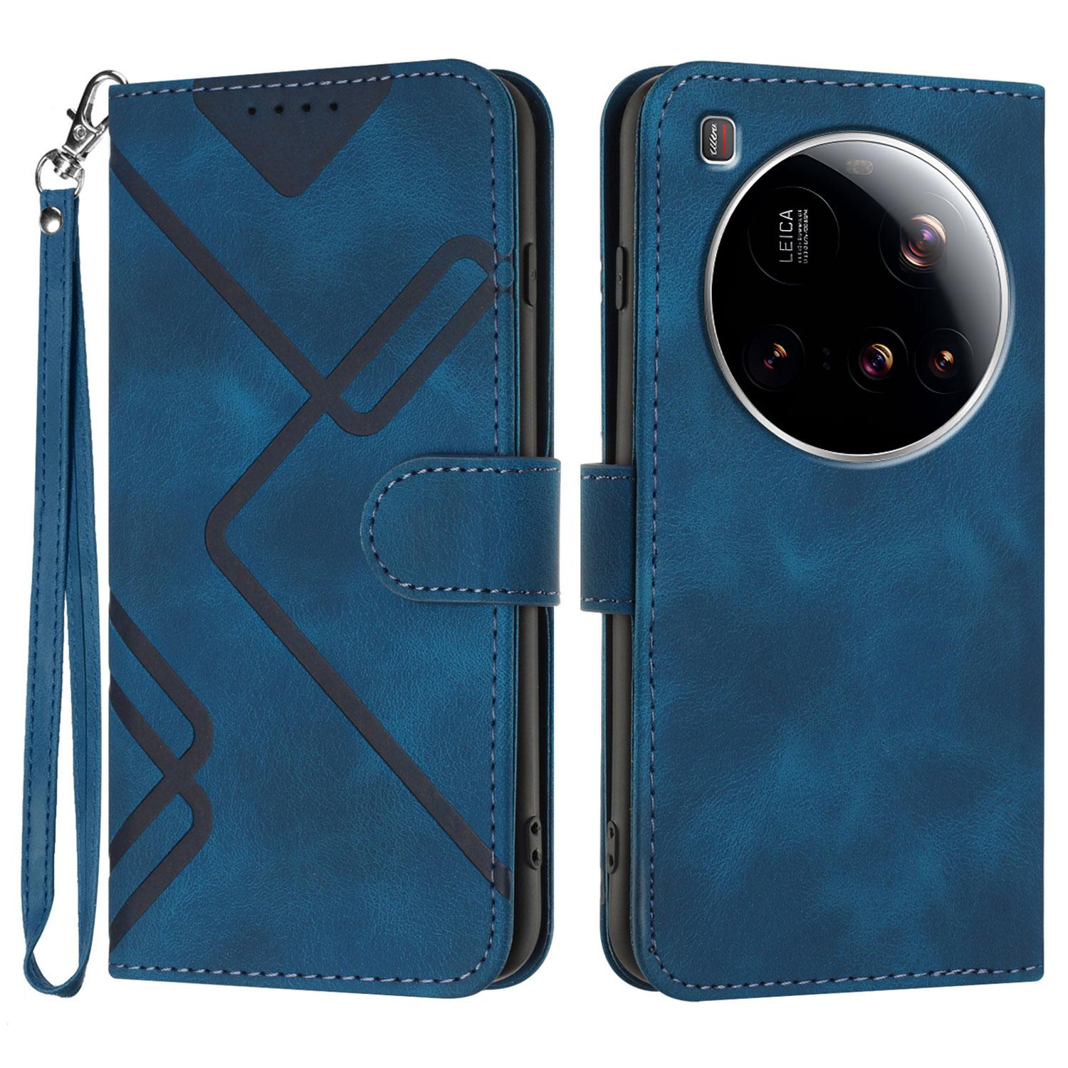 

For Xiaomi 15 Ultra Wallet Case Line Imprinted PU Leather Phone Cover with Strap Royal Blue
