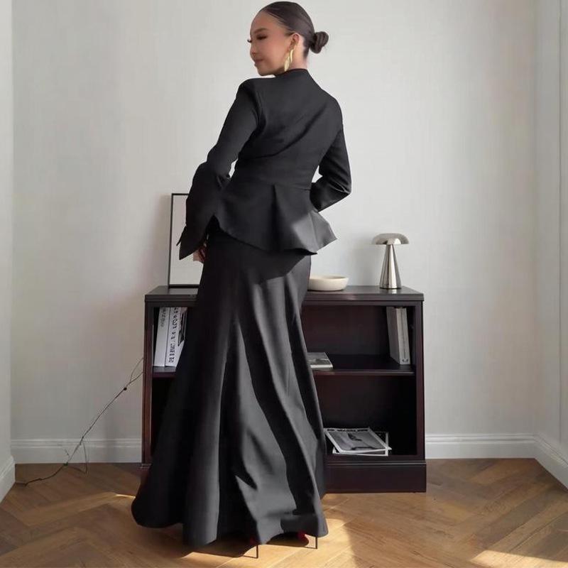 Women's Solid Color Bodycon Long Skirt Set with Long Sleeve Mock Neck Top