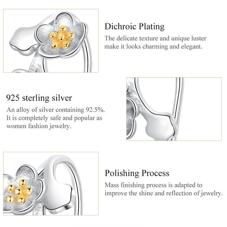Bamoer Sakura Floral Branch Tiny Earrings Sterling Silver 925 Vivid 3D Flower Fine Bijoux Orecchini