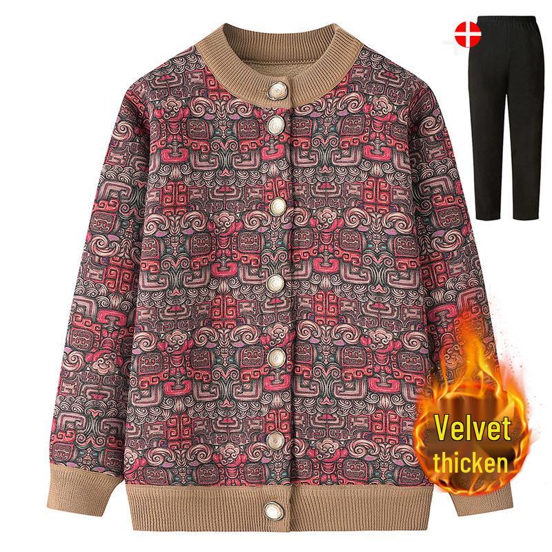 Women's Fleece-Lined Knitted Cardigan - Warm Autumn Winter Jacket for Elderly Ladies